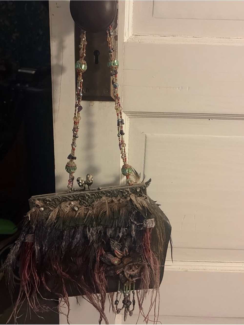 Mary Frances Boho Feather Beaded Evening Bag - Olive Brown